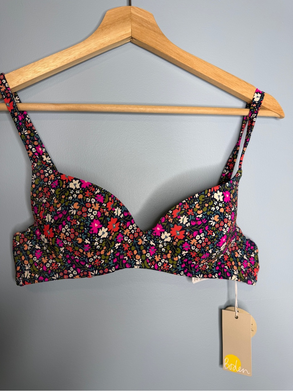 Boden Floral Bikini Top in Black with Pink & Orange Accents